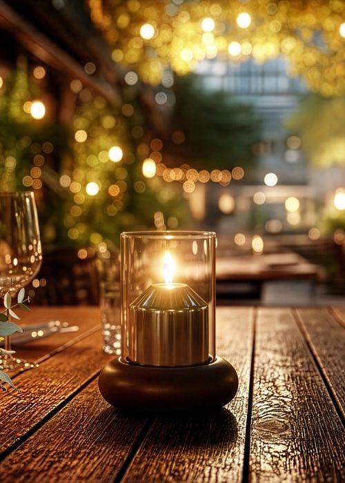 Nogal curvo en mesa terraza nocturna